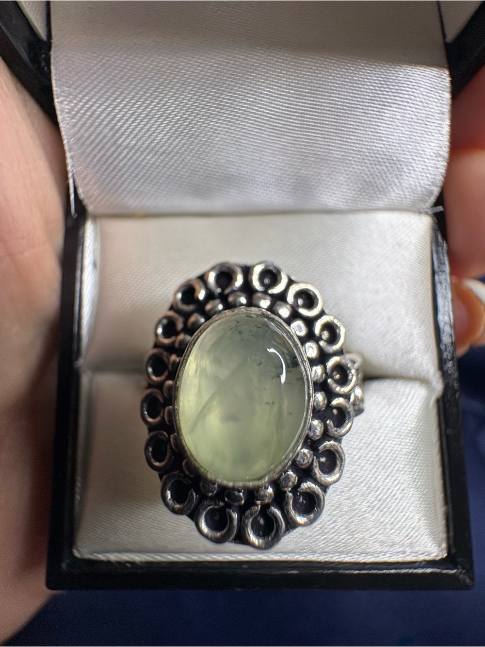Ring Prehite Healing Gemstone Silver Intricately Detailed Setting